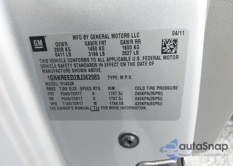 2011 Chevrolet Traverse Ls z USA, uszkodzony, nr VIN 1GNKREED2BJ362083